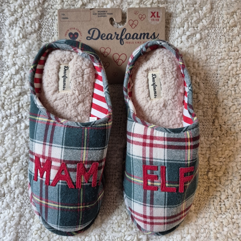❤️‍🔥 New Womens XL11-12 Dearfoam MAMA ELF Plaid Christmas Memory Foam Slippers